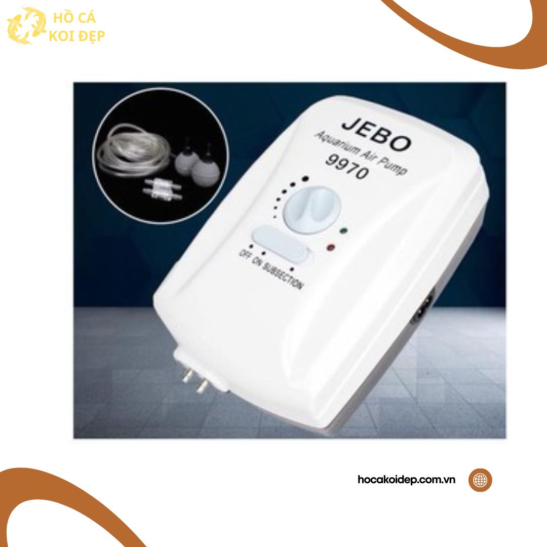 3 29 Hình ảnh cận cảnh máy sủi oxy tích điện Jebo 9970 cho thấy thiết kế nhỏ gọn và các nút điều khiển.