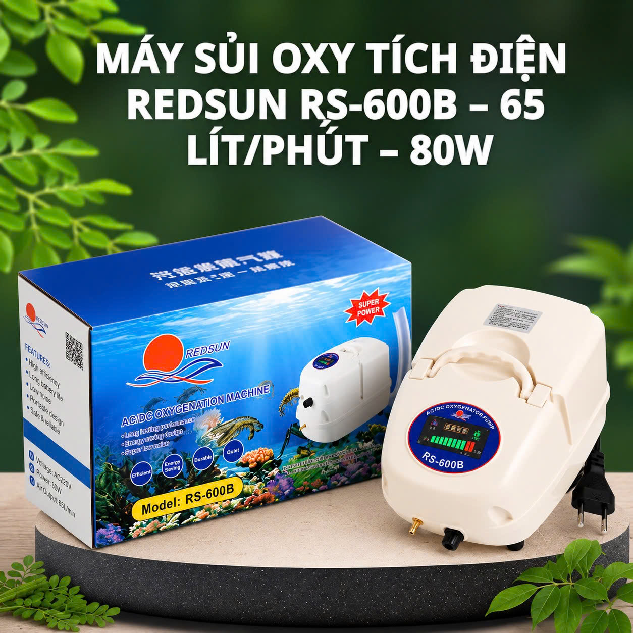 Máy Sủi Oxy Tích Điện Redsun RS-600B – 65 Lít/Phút – 80W 1 Máy sủi RS-600B