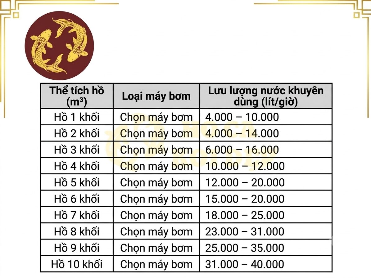 Máy Bơm Tạt Hồ Cá Koi Periha PG 35 - ∅75; 220-240V 6 Tham khảo lưu lượng máy bơm hồ cá koi tương ứng theo loại hồ