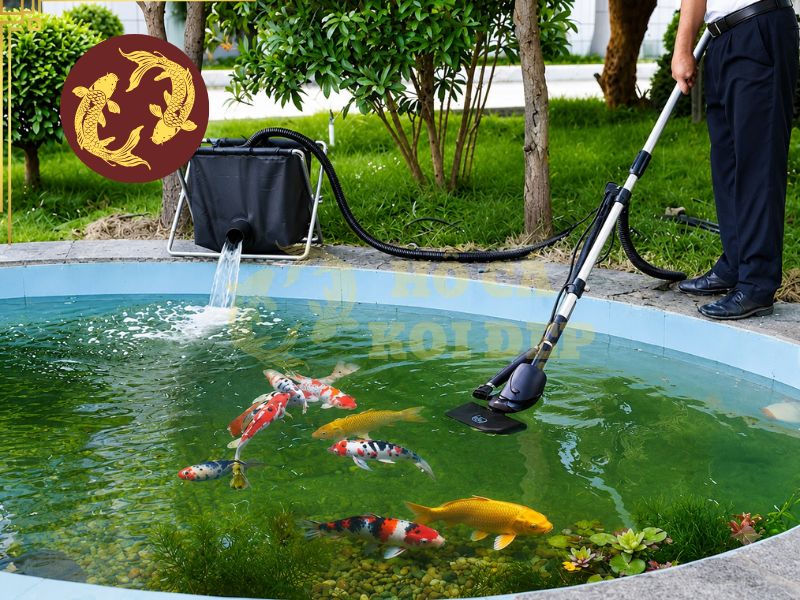 Nước hồ Koi xanh rêu: Nguyên nhân tảo và cách xử lý dứt điểm 2 Vệ sinh hồ có thể xử lý nhanh nước hồ koi xanh rêu