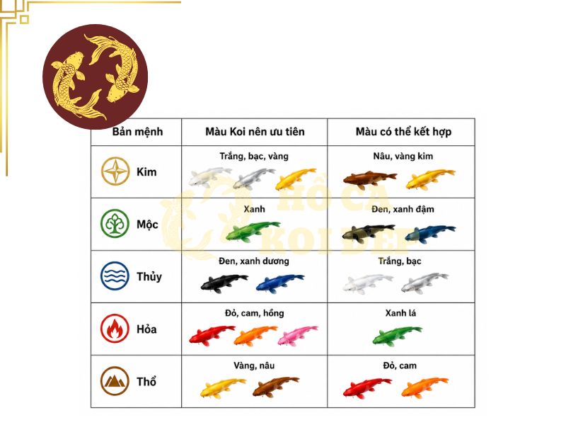 Cá Koi Hợp Mệnh Gì? Bí Quyết Chọn Màu Cá Mang Ý Nghĩa Tài Lộc 2 Tham khảo bảng màu cá koi theo mệnh
