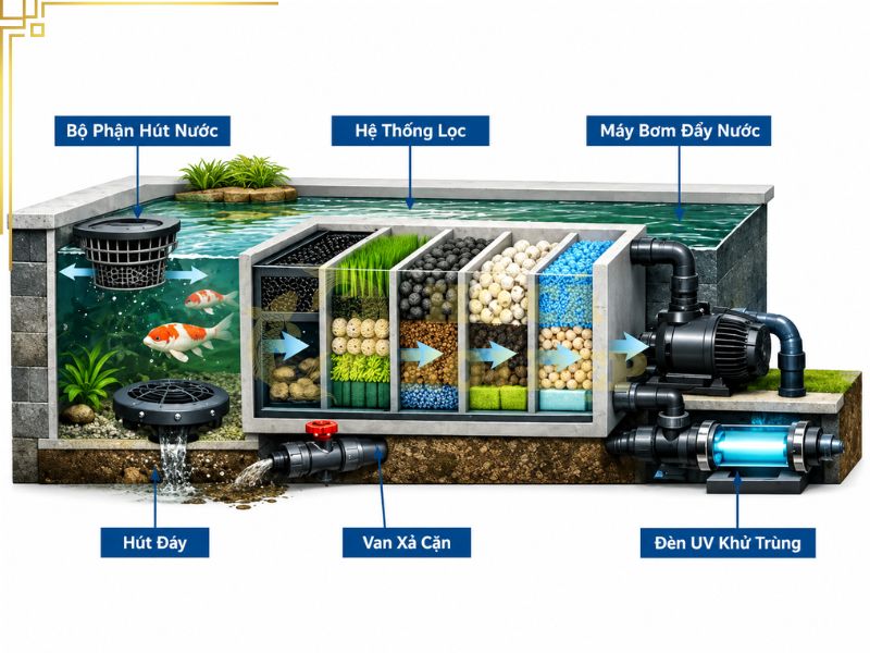 Cách Thiết Kế Sơ Đồ Hệ Thống Lọc Hồ Koi Chuẩn, Tối Ưu 1 Một sơ đồ hệ thống lọc hồ koi chuẩn thường được xây dựng dựa trên 3 khu vực chính
