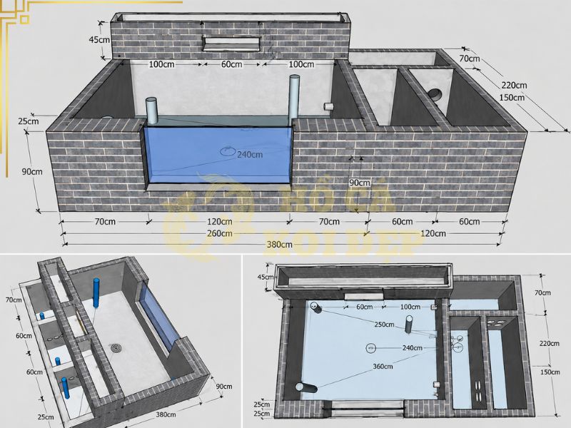 Cách Thiết Kế Sơ Đồ Hệ Thống Lọc Hồ Koi Chuẩn, Tối Ưu 3 Nước được máy bơm đưa lên phía trên Bakki Shower, sau đó chảy qua nhiều tầng vật liệu lọc trước khi rơi trở lại hồ.
