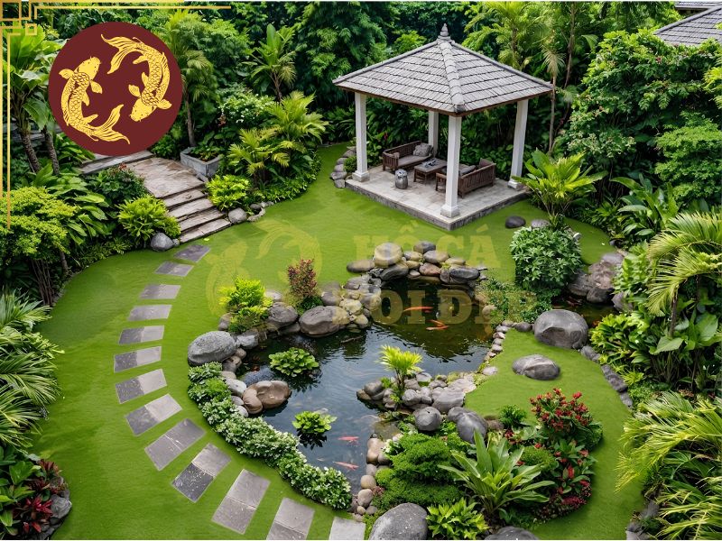Thiết kế hồ cá koi: Nguyên tắc, tiêu chuẩn và những điều cần biết 4 Bố trí cây xanh và tiểu cảnh hợp lý giúp tăng tính thẩm mỹ và điểm nhấn