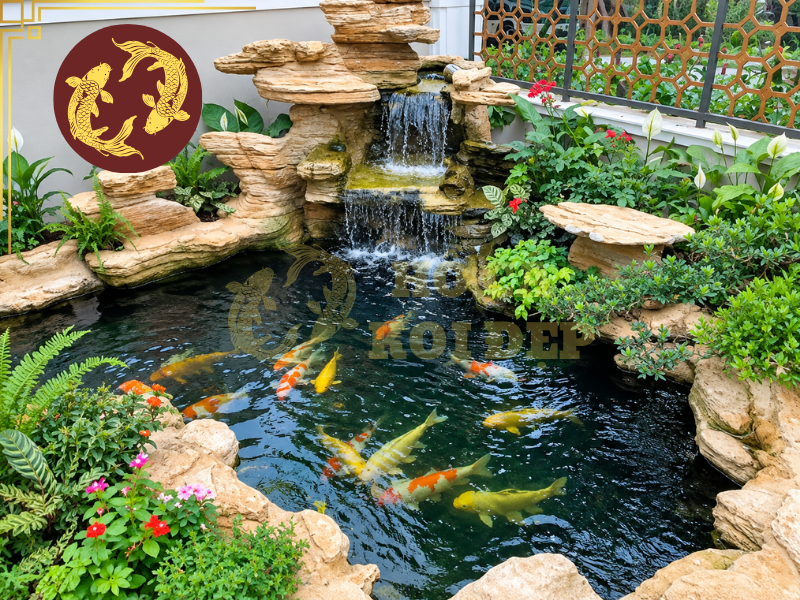 Thiết Kế Hồ Cá Koi Kết Hợp Tiểu Cảnh Cho Nhà Phố Và Sân Vườn 4 Thác nước là một lựa chọn phù hợp với những gia chủ muốn tạo chuyển động cho hồ.