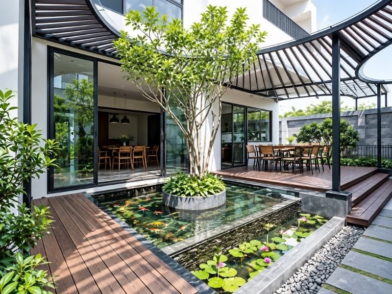 Khám Phá Hồ Cá Koi Kiểu Nhật Và Nghệ Thuật Thiết Kế Sân Vườn 3 Hồ có hình dáng tự nhiên, kết hợp đá, cây xanh, cầu gỗ và các tiểu cảnh mang phong cách Nhật.