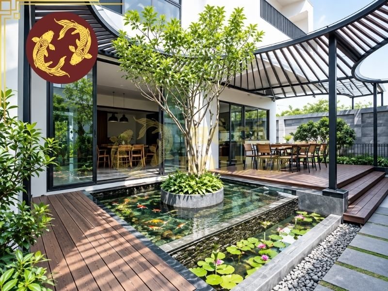 Top Mẫu Hồ Cá Koi Đẹp 2026 Được Ưa Chuộng Nhất 4 Hồ koi trước nhà vừa tạo điểm nhấn cho khu vực mặt tiền vừa giúp không gian trở nên sinh động hơn.