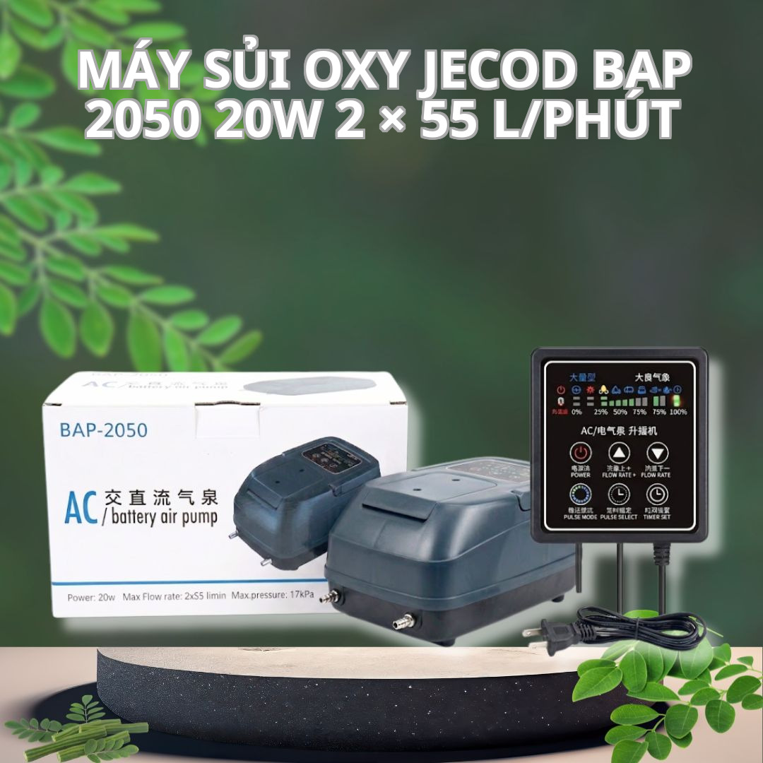 Máy Sủi Oxy Tích Điện Jecod BAP-2050 – 20W, 2 × 55 L/phút